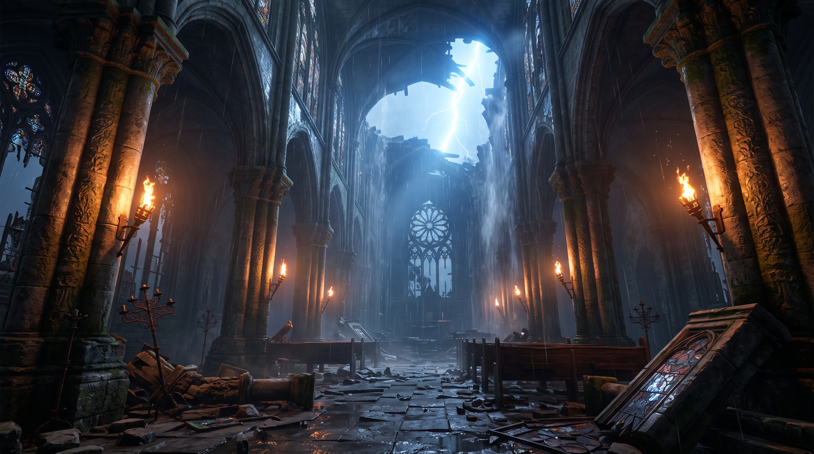 Gothic cathedral in a lightning storm