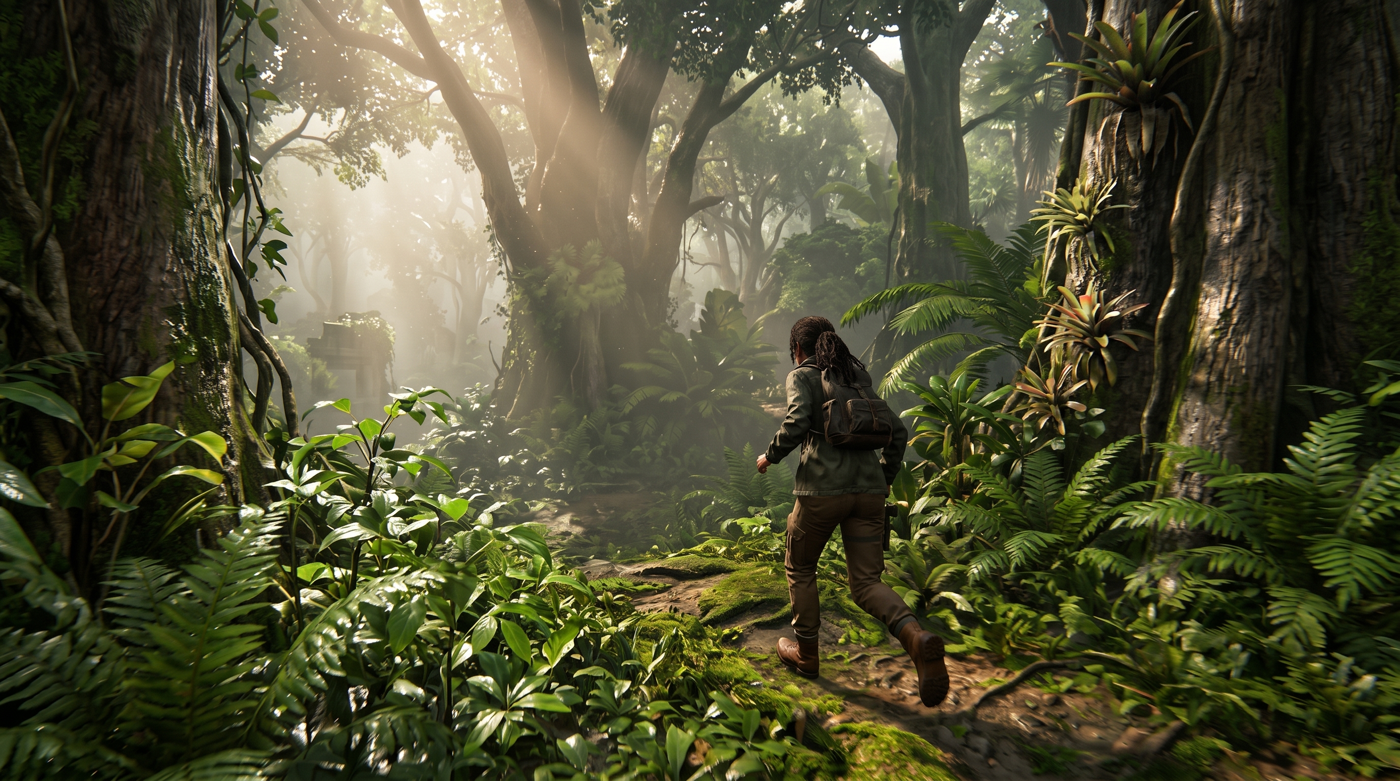 Character moving through a dense cinematic jungle