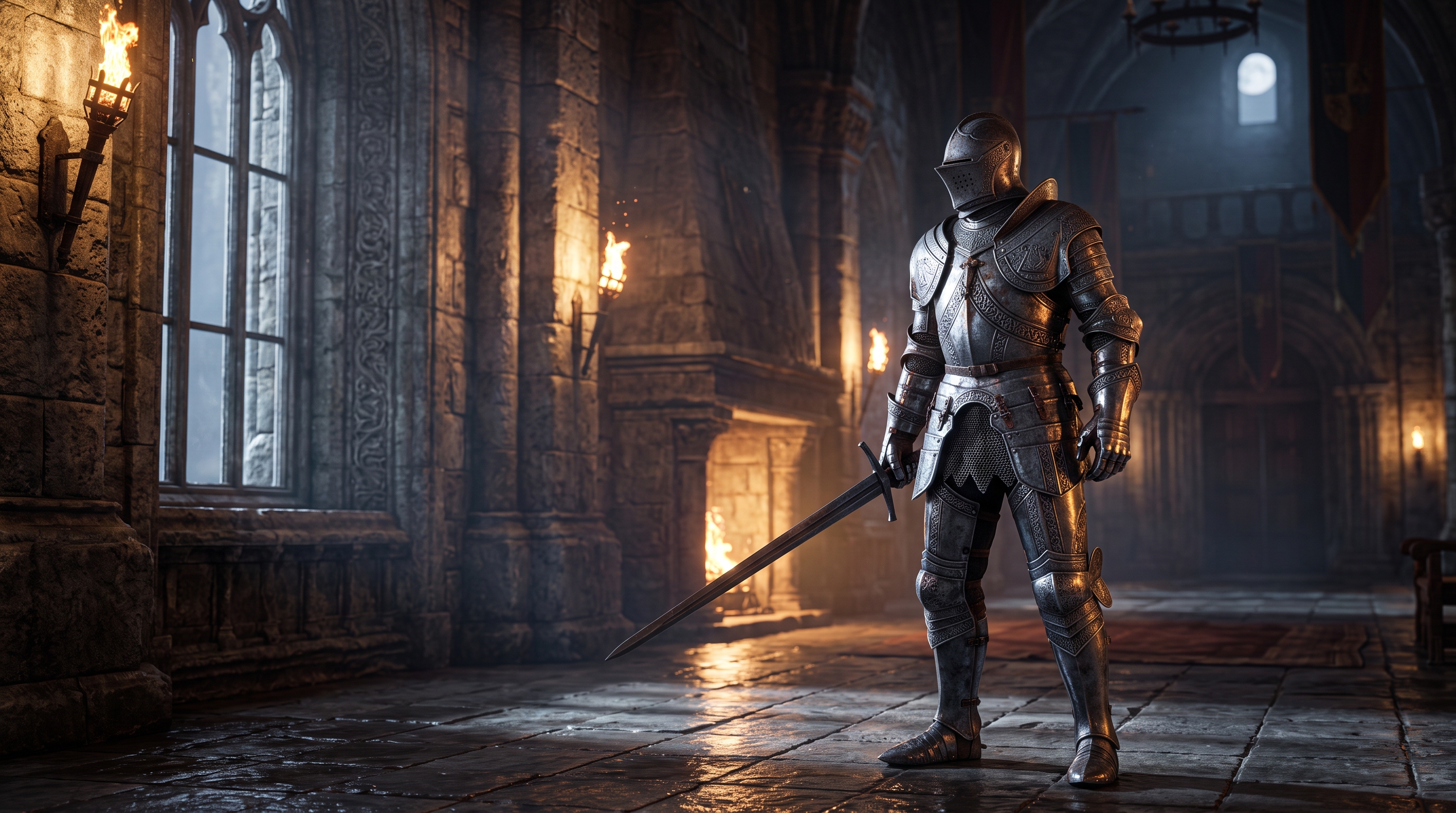 Armored warrior standing in a castle hall