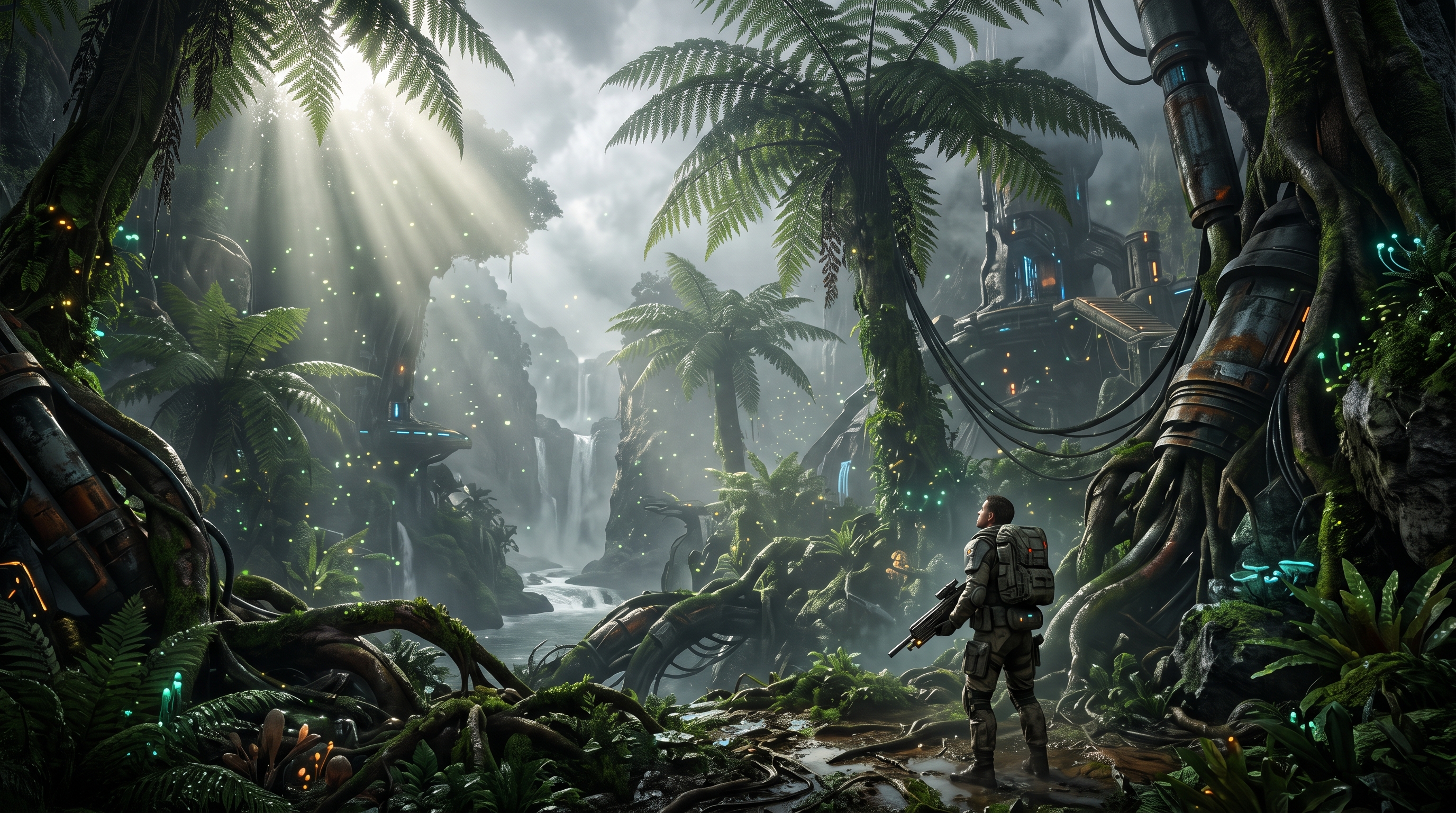 Futuristic explorer in a prehistoric jungle
